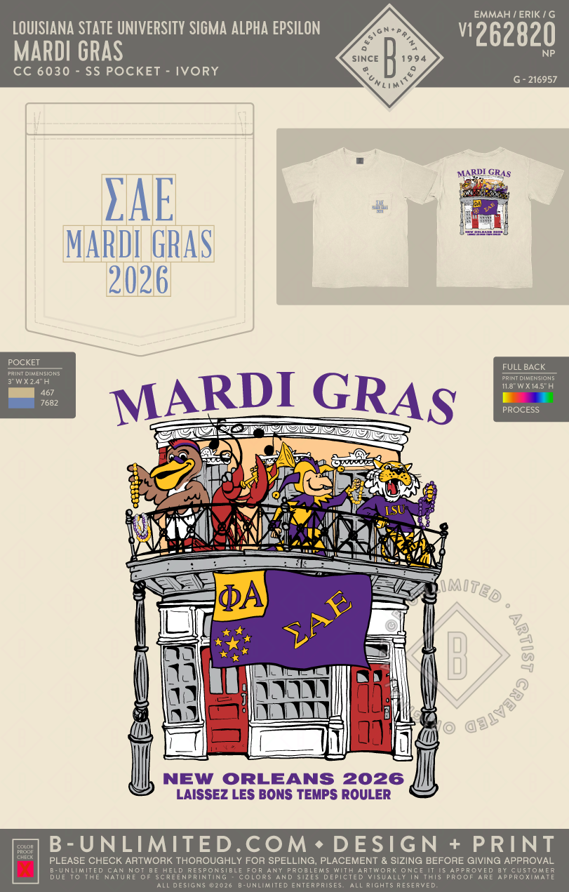 Louisiana State University Sigma Alpha Epsilon - Mardi Gras (EOS26) - CC - 6030 - SS Pocket - Ivory