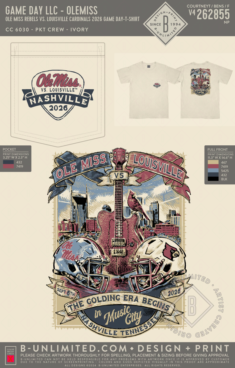 B-Unlimited Game Day - Ole Miss Rebels vs. Louisville Cardinals 2026 Game Day T-Shirt (WS) - CC - 6030 - SS Pocket - Ivory