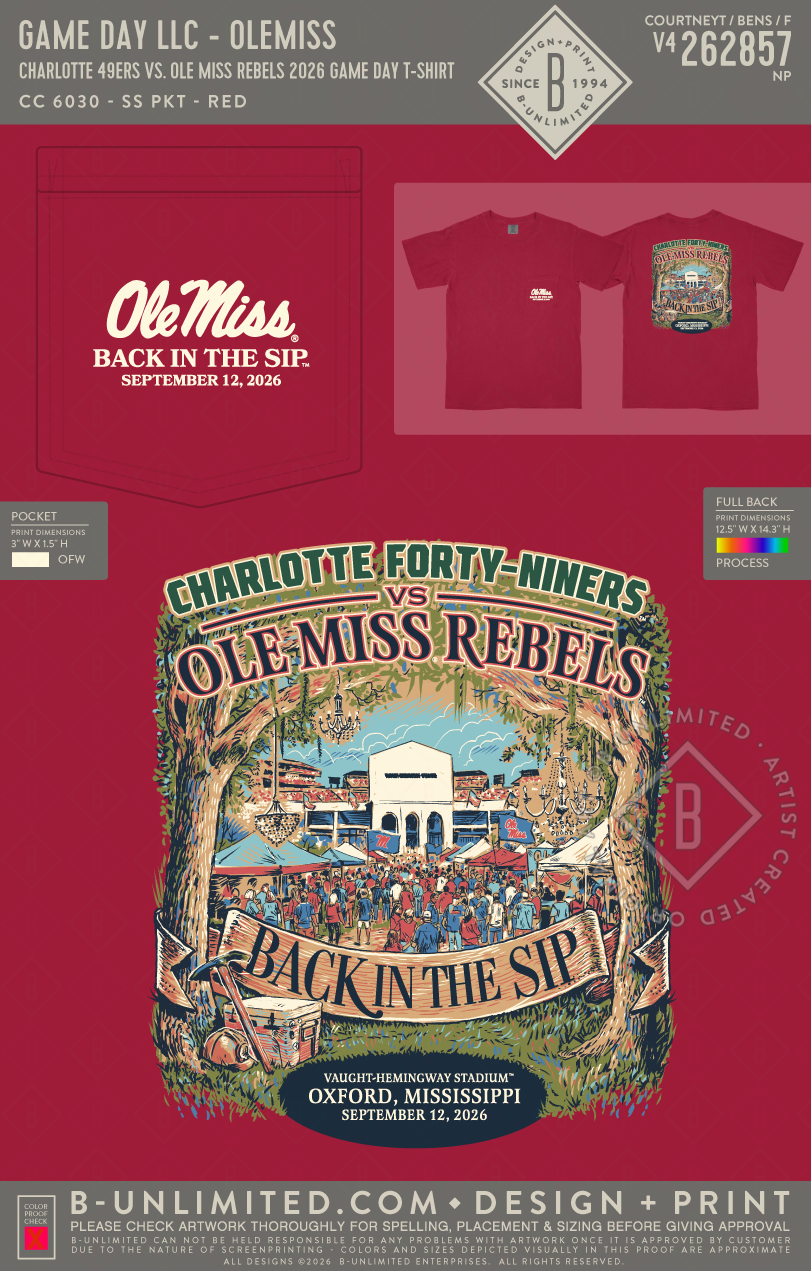 B-Unlimited Game Day - Charlotte 49ers vs. Ole Miss Rebels 2026 Game Day T-Shirt (WS) - CC - 6030 - SS Pocket - Red