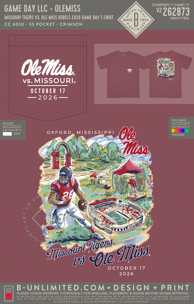B-Unlimited Game Day - Missouri Tigers vs. Ole Miss Rebels 2026 Game Day T-Shirt (WS) - CC - 6030 - SS Pocket - Crimson