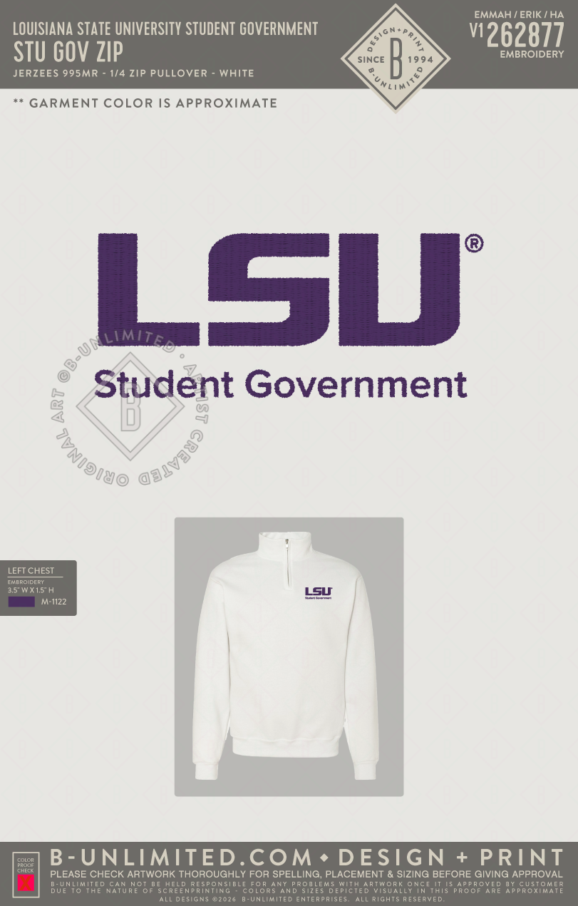 Louisiana State University Student Government - Stu Gov Zip - Jerzees - 995MR - 1/4 Zip Pullover - White