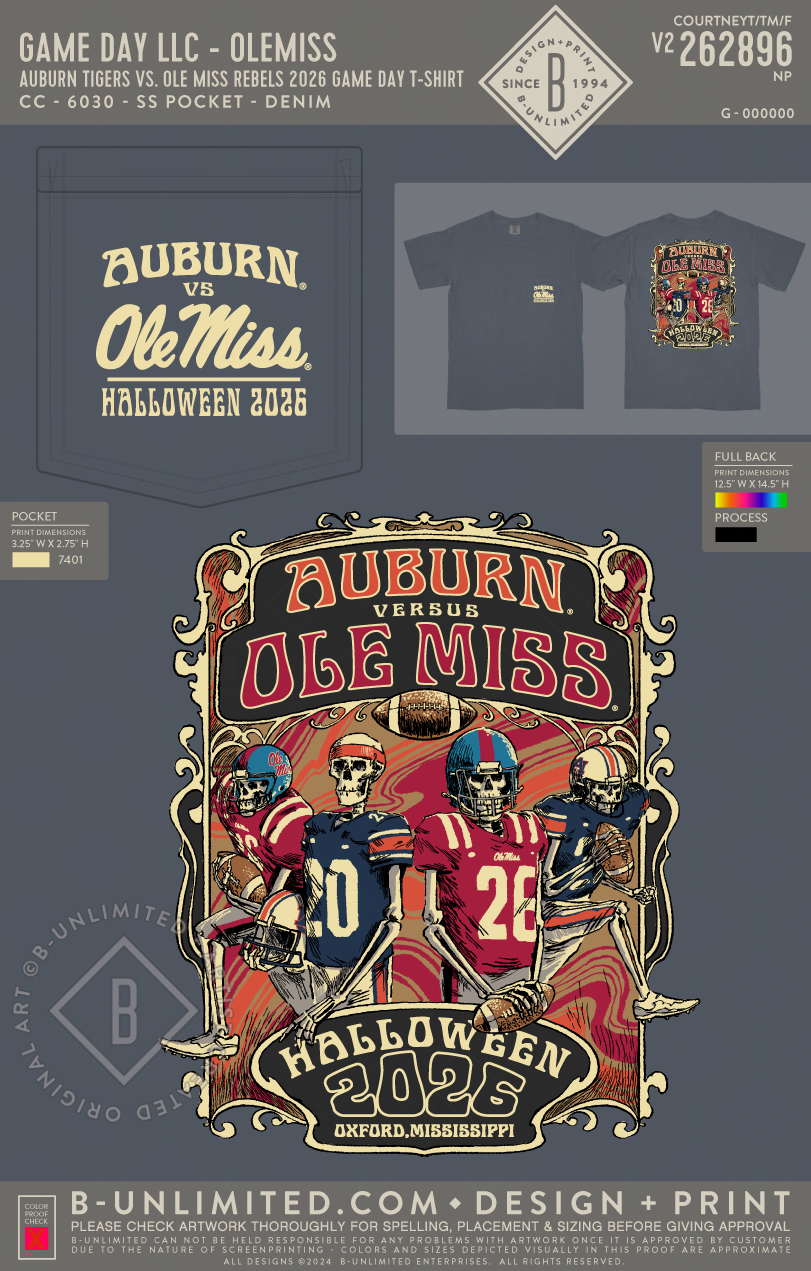 B-Unlimited Game Day - Auburn Tigers vs. Ole Miss Rebels 2026 Game Day T-Shirt (WS) - CC - 6030 - SS Pocket - Denim