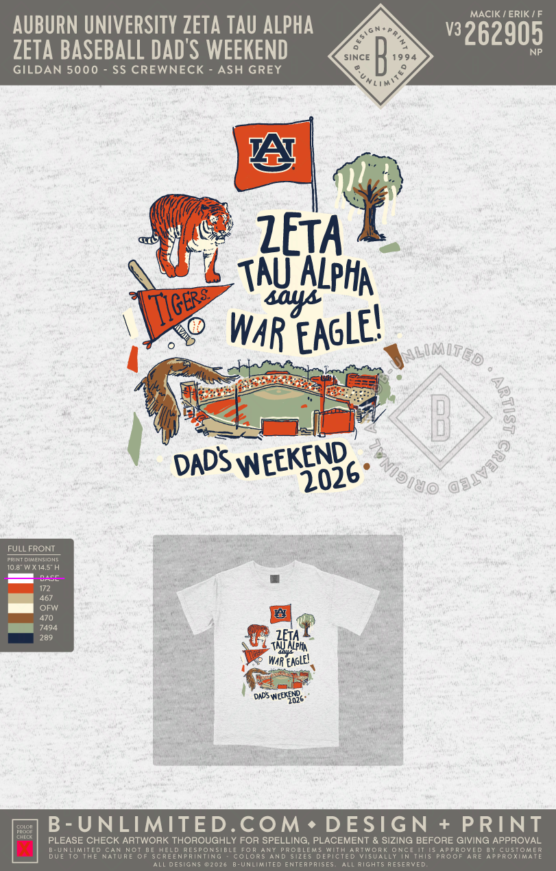 Auburn University Zeta Tau Alpha - Zeta Baseball Dad's Weekend (EOS26) - Gildan - 5000 - SS Crew - Ash Grey