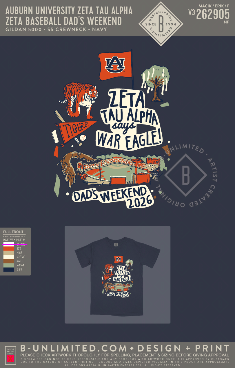 Auburn University Zeta Tau Alpha - Zeta Baseball Dad's Weekend (EOS26) - Gildan - 5000 - SS Crew - Navy