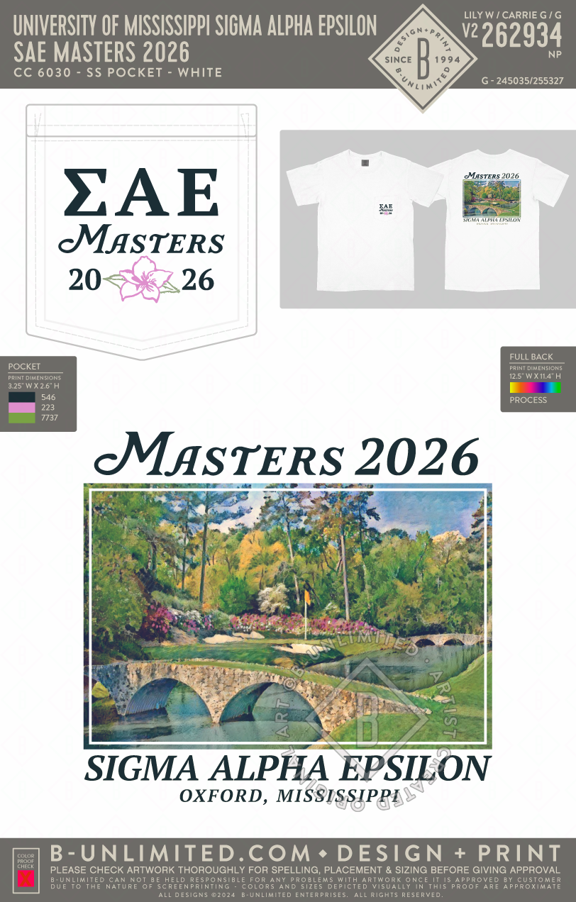 University of Mississippi Sigma Alpha Epsilon - SAE Masters 2026 - CC - 6030 - SS Pocket - White