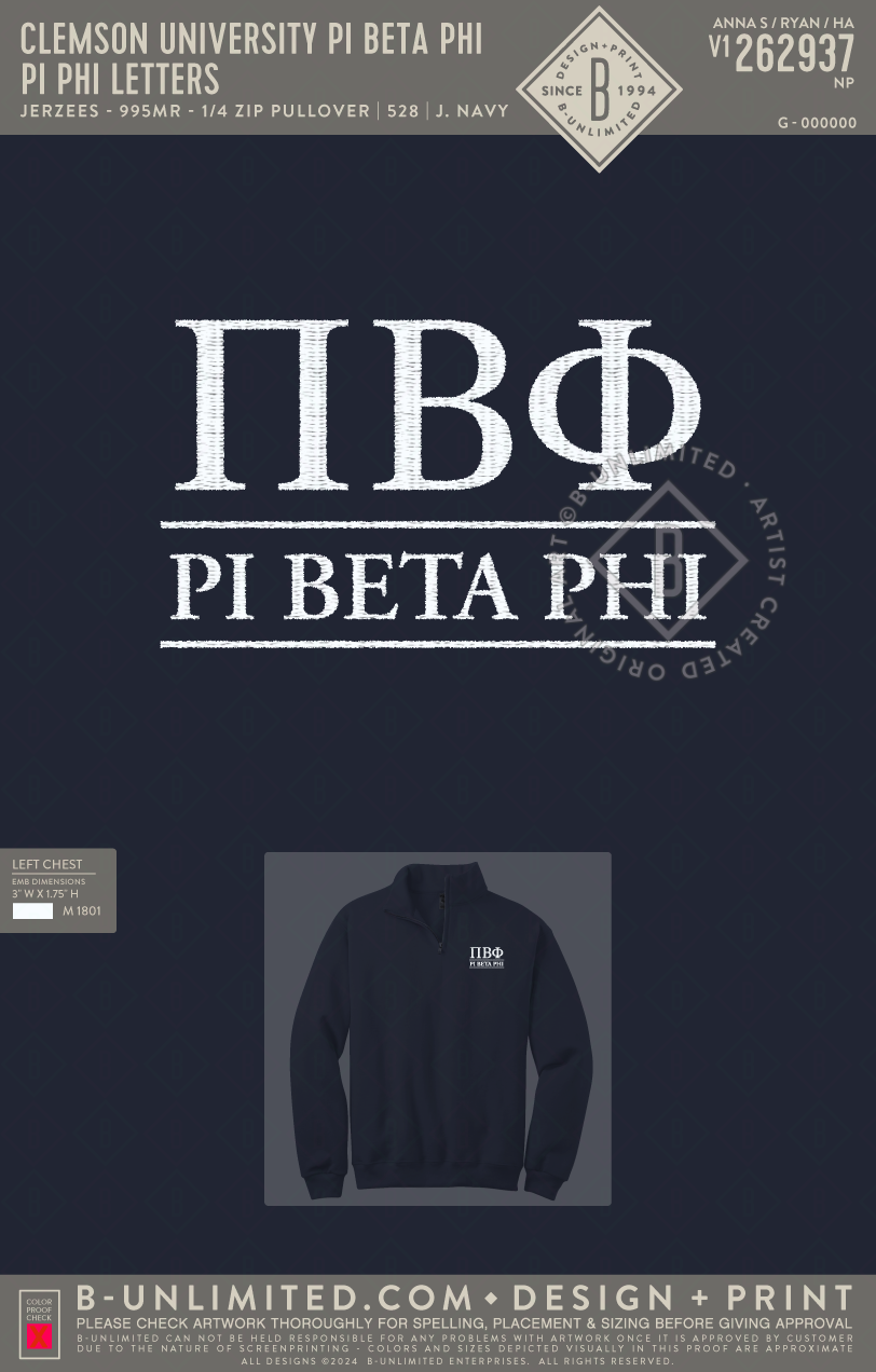 Clemson University Pi Beta Phi - Pi Phi Letters - Jerzees - 995MR - 1/4 Zip Pullover - J. Navy