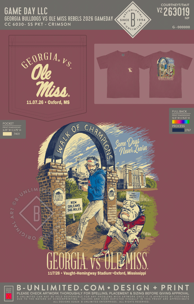 B-Unlimited Game Day - Georgia Bulldogs vs. Ole Miss Rebels 2026 Game Day T-Shirt - CC - 6030 - SS Pocket - Crimson