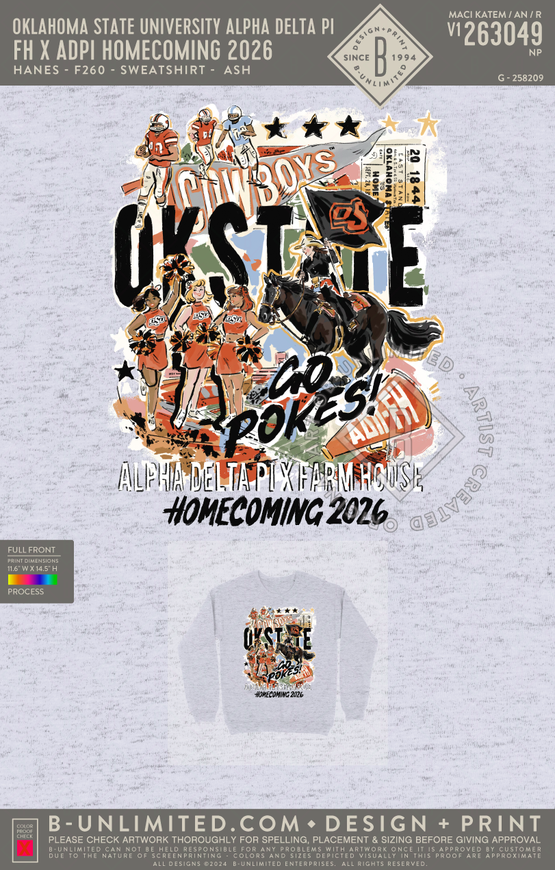 Oklahoma State University Alpha Delta Pi - FH X ADPI Homecoming 2026 - Hanes - F260 - Sweatshirt - Ash