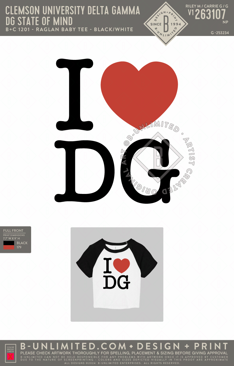 Clemson University Delta Gamma - DG State of Mind - B+C - 1201 - Micro Ribbed Raglan Baby Tee - White/Black