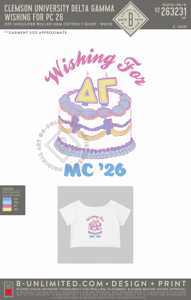 Clemson University Delta Gamma - Wishing for MC 26 - Tap Stitch - Off-Shoulder Rolled Hem Cotton T-Shirt - White