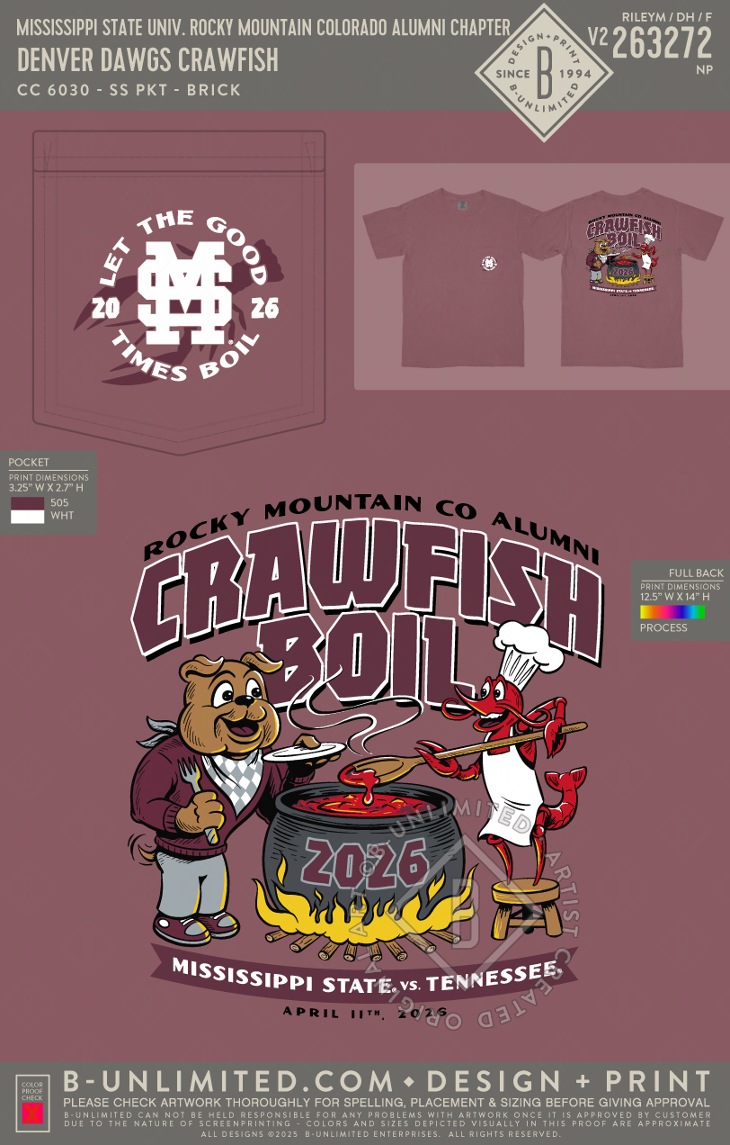 Mississippi State University Rocky Mountain Colorado Alumni Chapter - Denver Dawgs Crawfish - CC - 6030 - SS Pocket - Brick