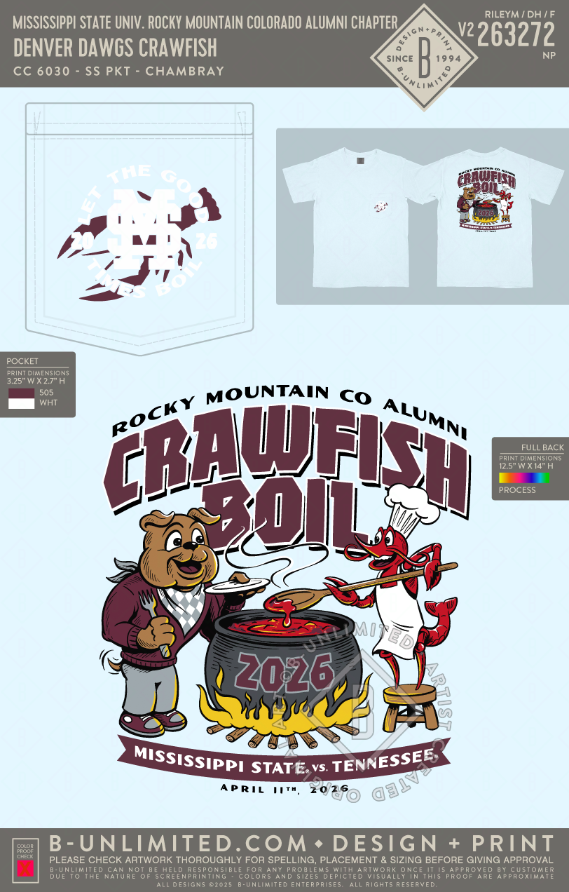 Mississippi State University Rocky Mountain Colorado Alumni Chapter - Denver Dawgs Crawfish - CC - 6030 - SS Pocket - Chambray