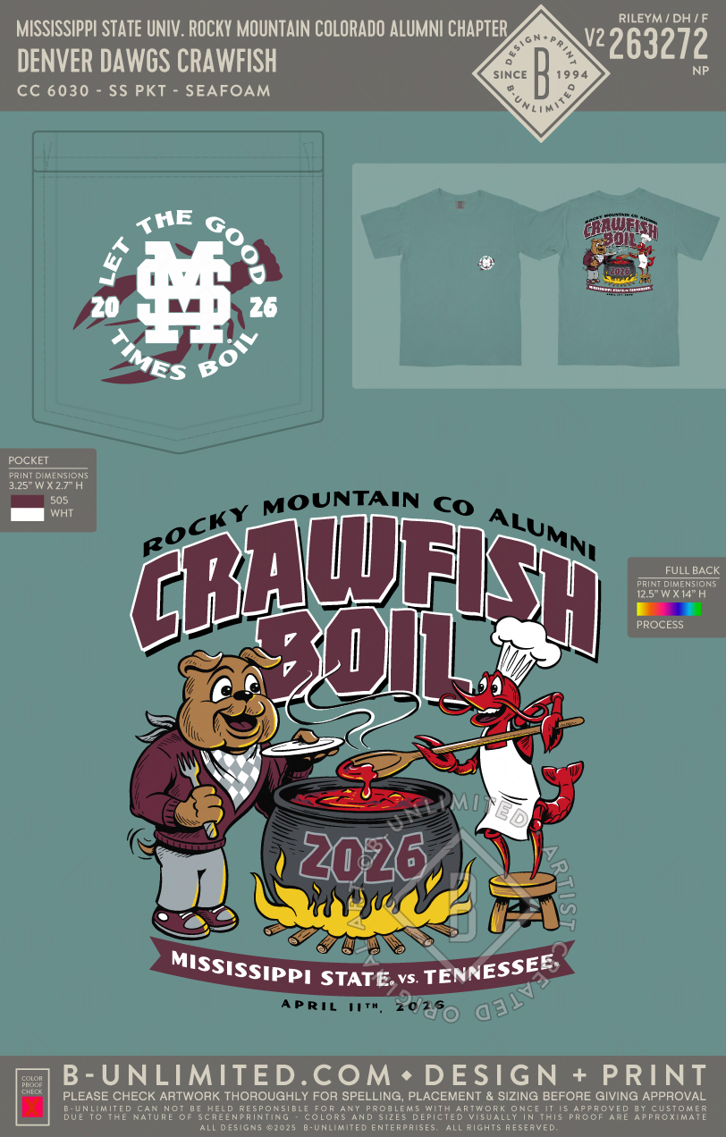 Mississippi State University Rocky Mountain Colorado Alumni Chapter - Denver Dawgs Crawfish - CC - 6030 - SS Pocket - Seafoam