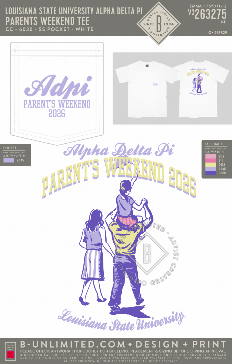 Louisiana State University Alpha Delta Pi - Parents Weekend Tee (EOS26) - CC - 6030 - SS Pocket - White