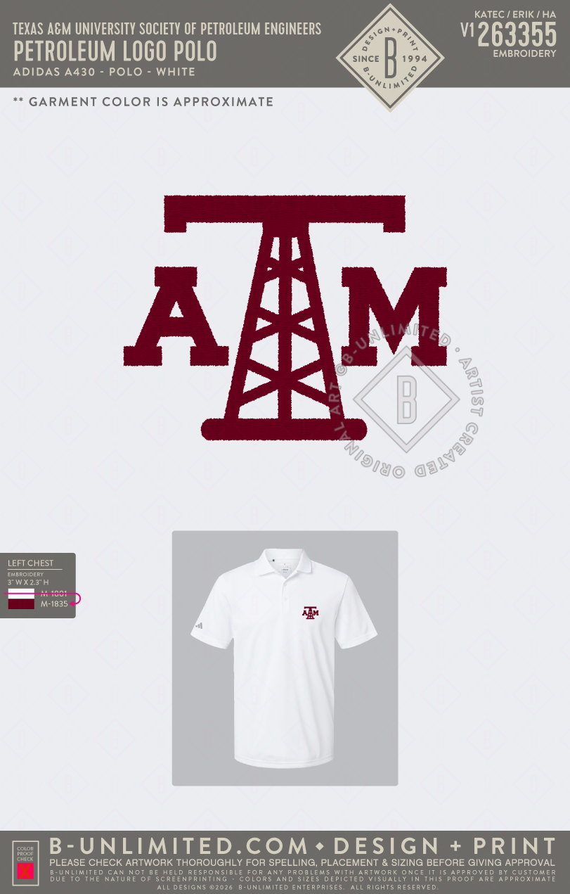 Texas A&M University Society of Petroleum Engineers - Petroleum Logo Polo - Adidas - A430 - Polo - White