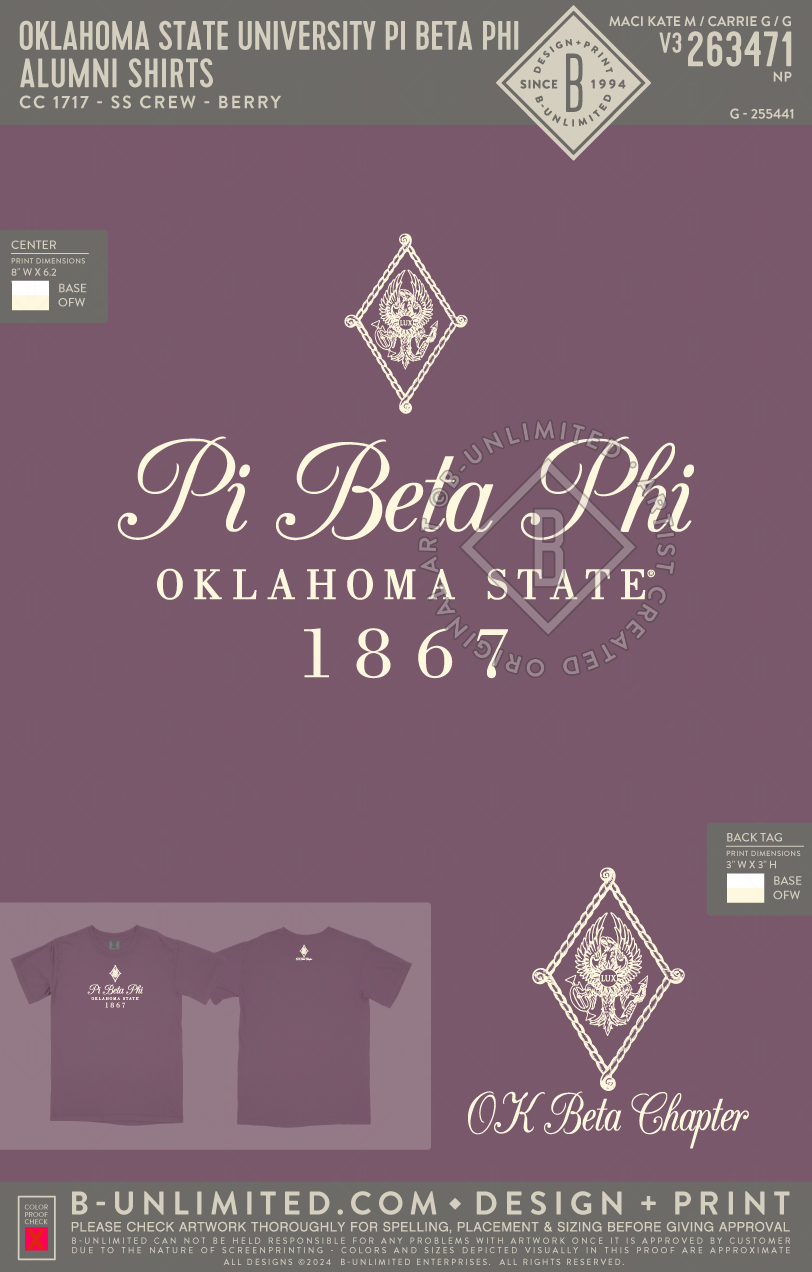 Oklahoma State University Pi Beta Phi - Alumni Shirts (EOS26) - CC - 1717 - SS Crew - Berry