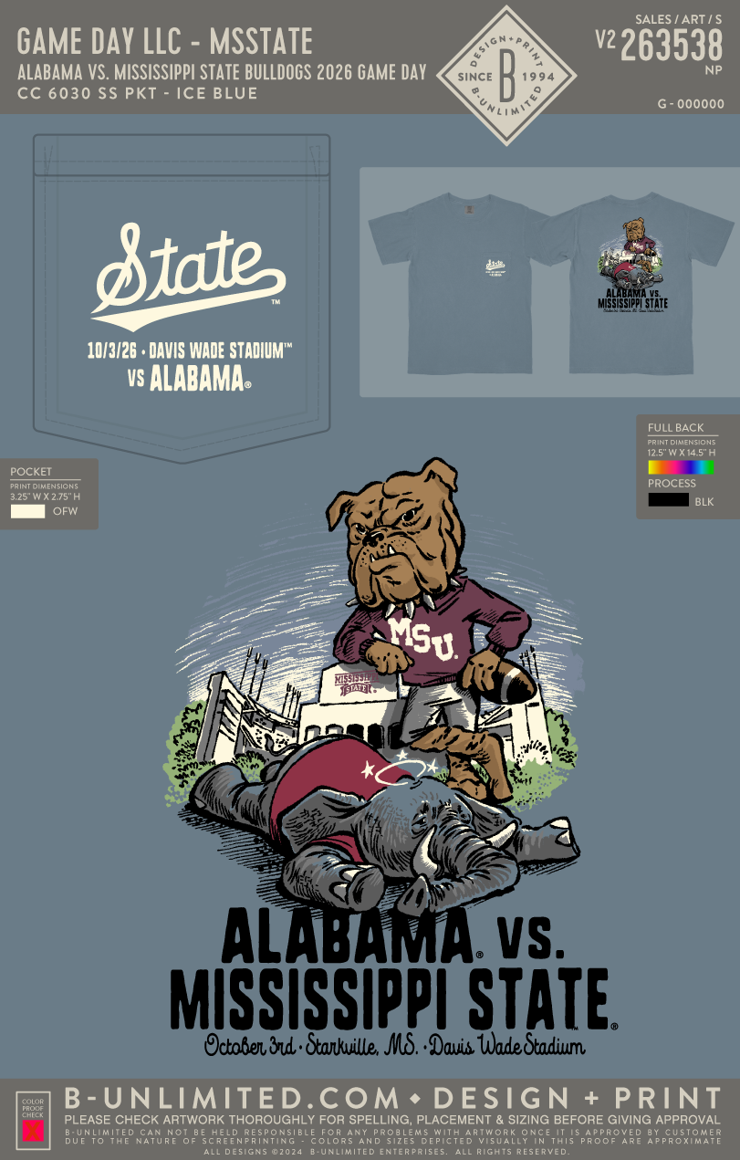B-Unlimited Game Day - Alabama vs. Mississippi State Bulldogs 2026 Game Day (WS) - CC - 6030 - SS Pocket - Ice Blue