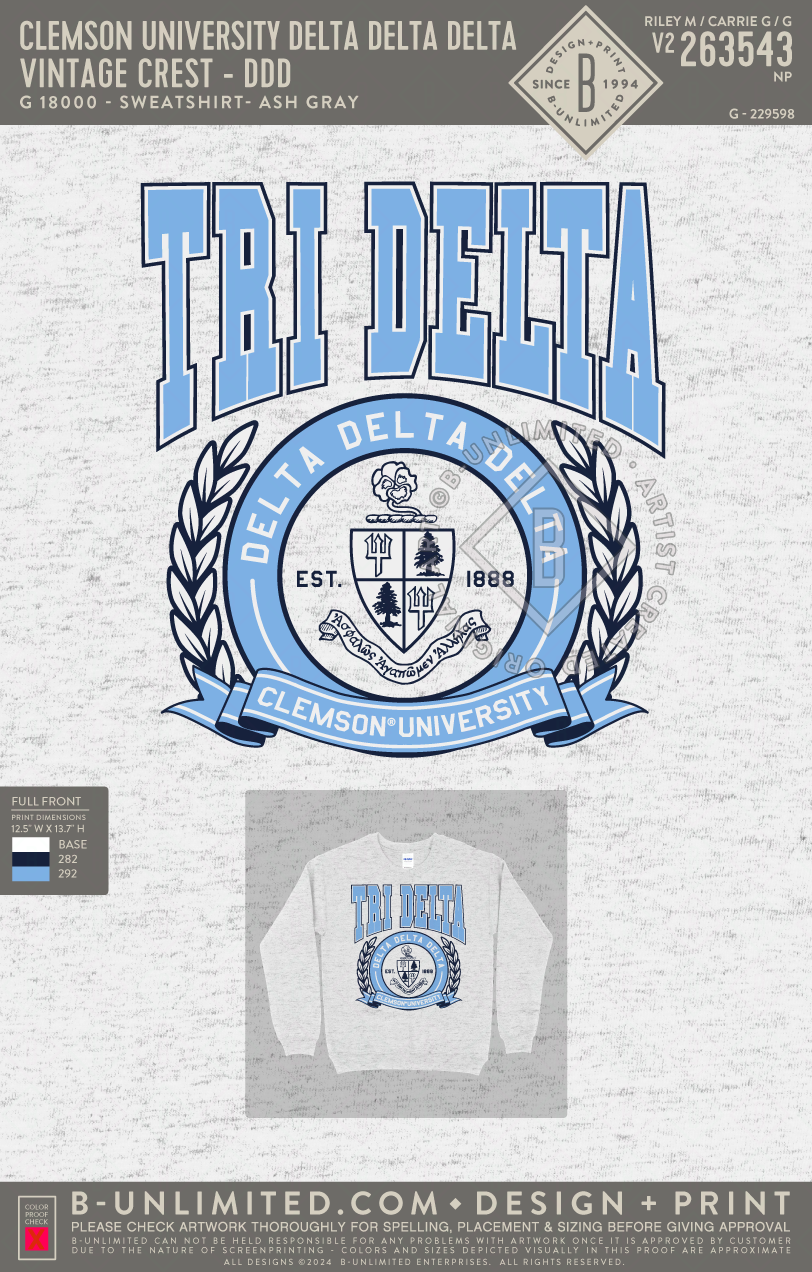Clemson University Delta Delta Delta - Vintage Crest - DDD - Gildan - 18000 - Crewneck Sweatshirt - Ash Grey