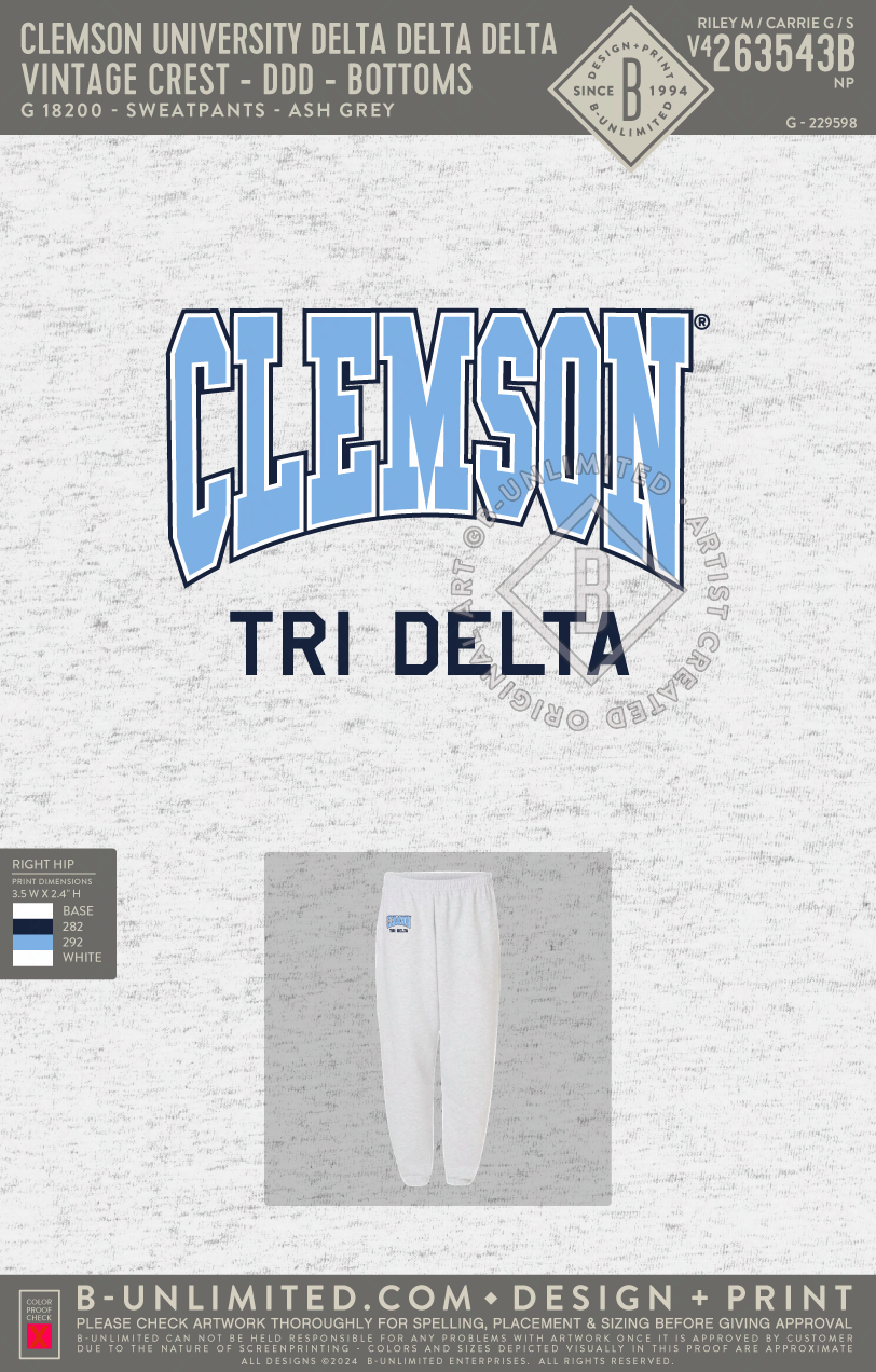 Clemson University Delta Delta Delta - Vintage Crest - DDD - Bottoms - Gildan - 12000 - Sweatshirt - Ash Grey