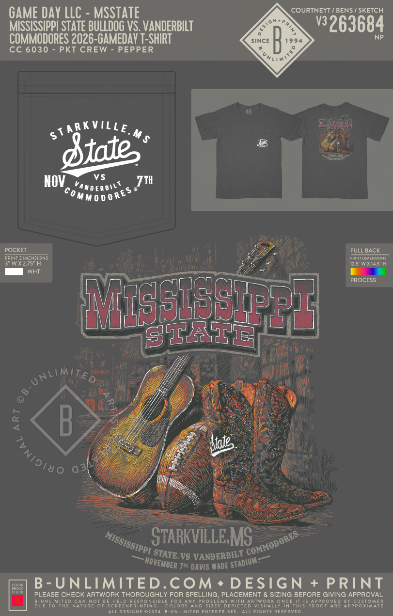 B-Unlimited Game Day - Mississippi State Bulldog VS. Vanderbilt Commodores 2026 - CC - 6030 - SS Pocket - Pepper