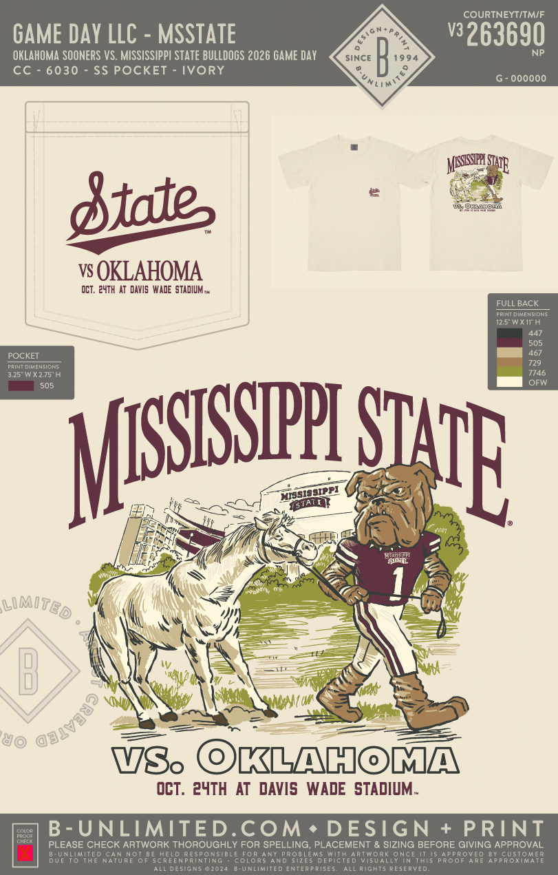 B-Unlimited Game Day - Oklahoma Sooners vs. Mississippi State Bulldogs 2026 Game Day (WS) - CC - 6030 - SS Pocket - Ivory