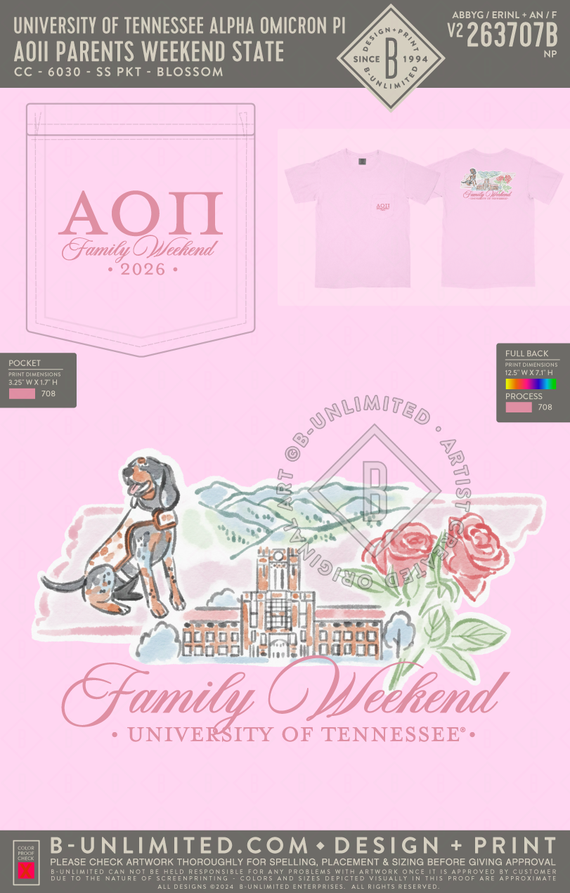 University of Tennessee Alpha Omicron Pi - AOII Parents Weekend State Shirt (EOS26) - CC - 6030 - SS Pocket - Blossom