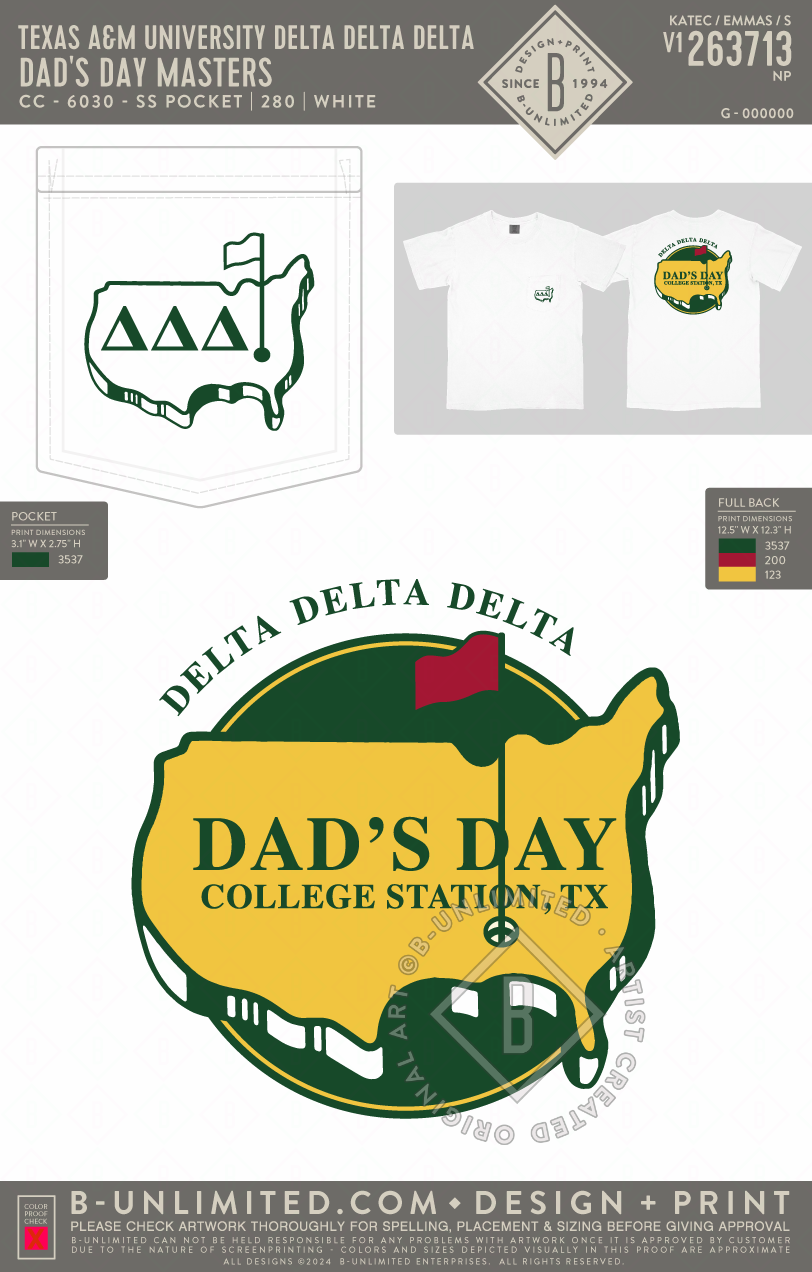 Texas A&M University Delta Delta Delta - Dad's Day Masters (EOS26) - CC - 6030 - SS Pocket - White