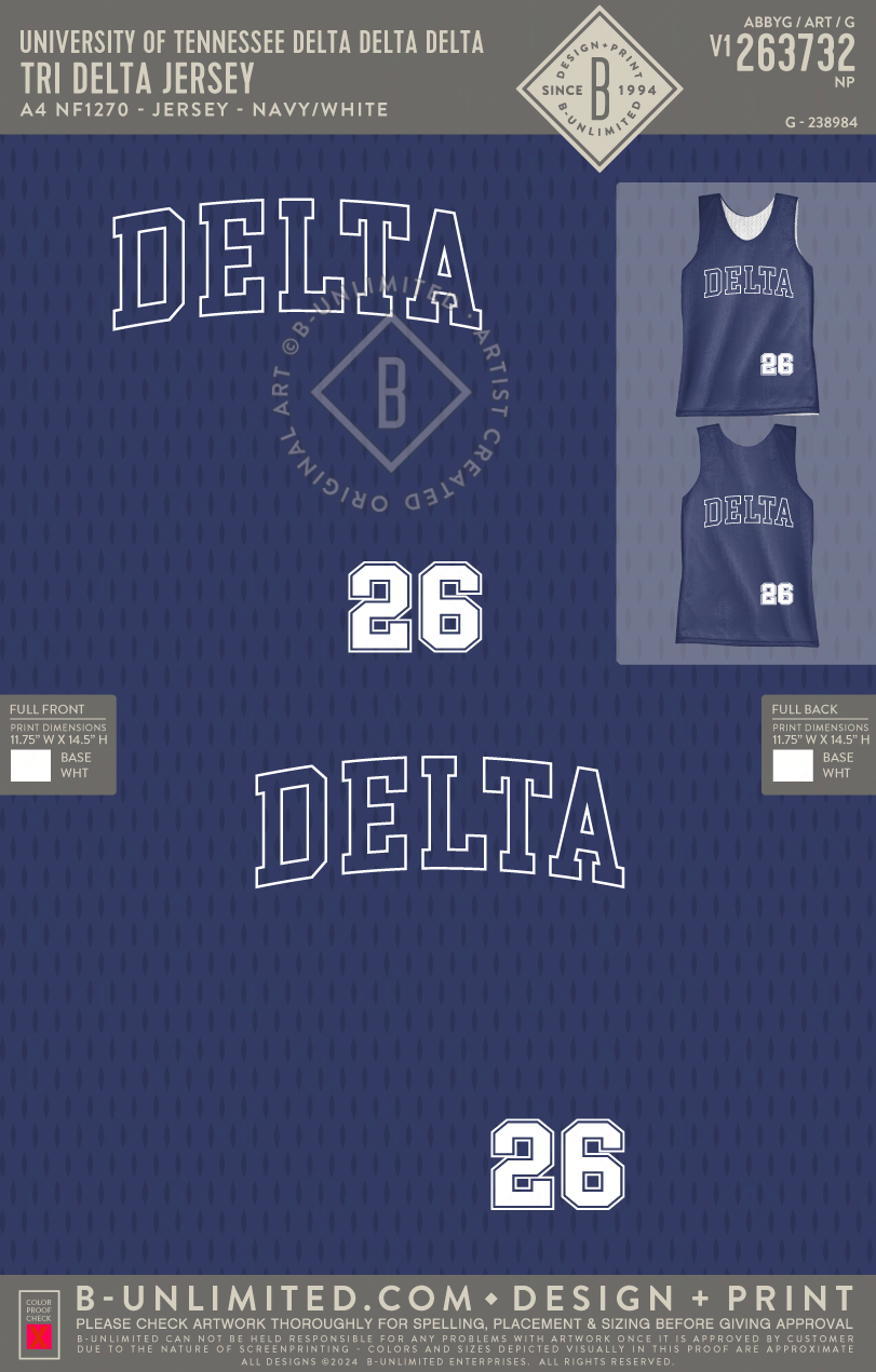 University of Tennessee Delta Delta Delta - Tri Delta Jersey - A4 - NF1270 - Jersey - Navy/White