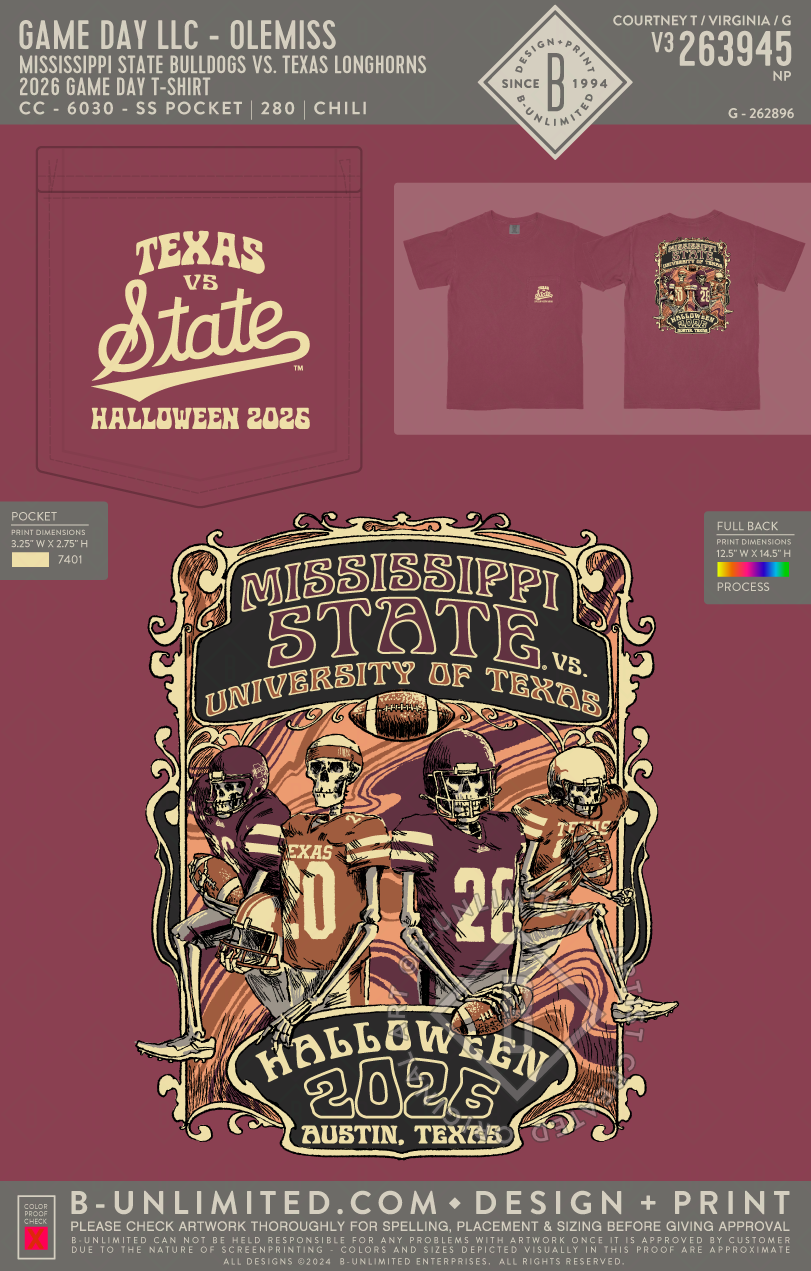 B-Unlimited Game Day - Mississippi State vs Texas 2026 Game Day T-Shirt (WS) - CC - 6030 - SS Pocket - Chili