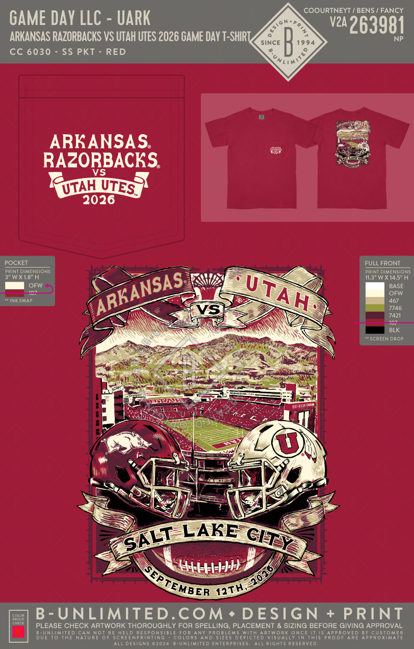 B-Unlimited Game Day - Arkansas Razorbacks vs Utah Utes 2026 Game Day T-Shirt (WS) - CC - 6030 - SS Pocket - Red
