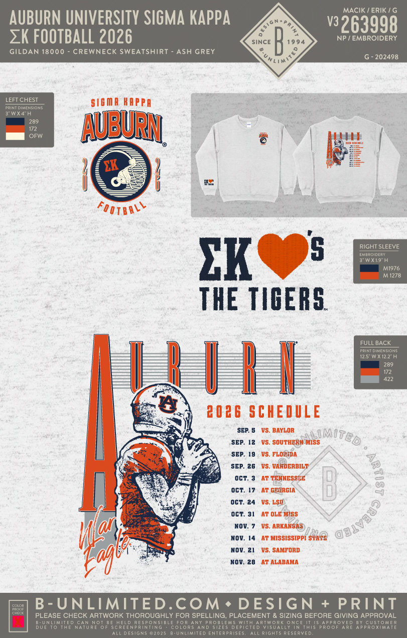 Auburn University Sigma Kappa - ΣK Football 2026 - Gildan - 18000 - Crewneck Sweatshirt - Ash Grey