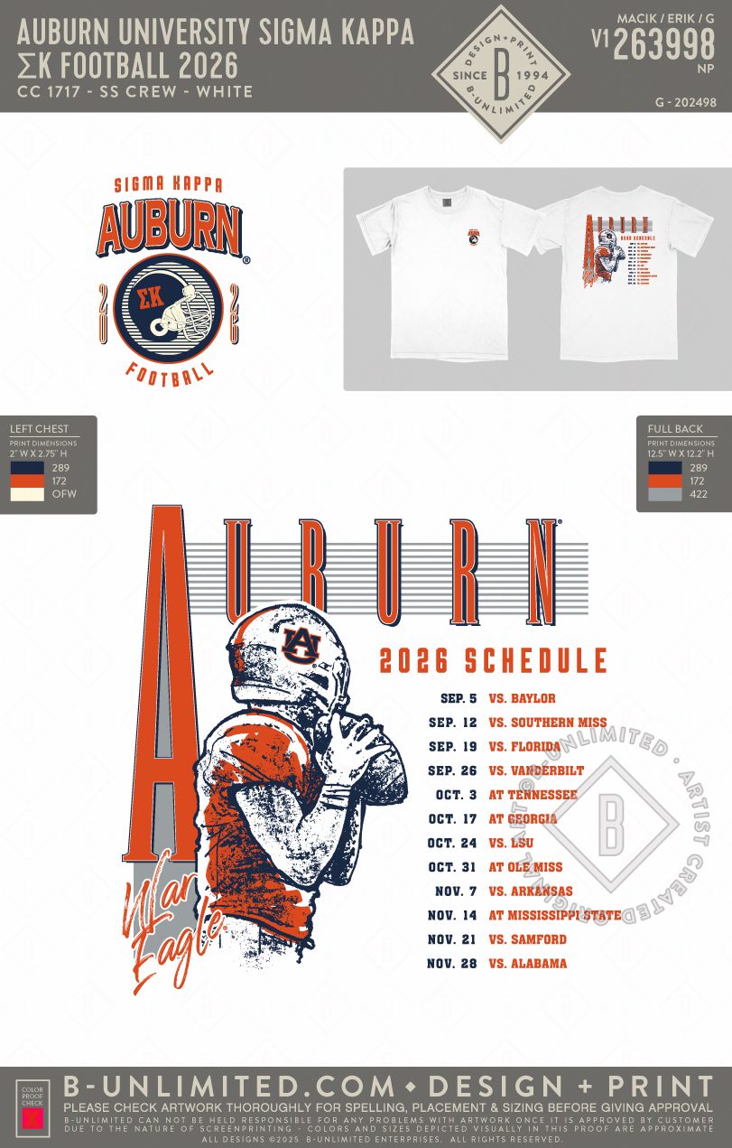 Auburn University Sigma Kappa - B - ΣK Football 2026 Shirt - CC - 1717 - SS Crew - White