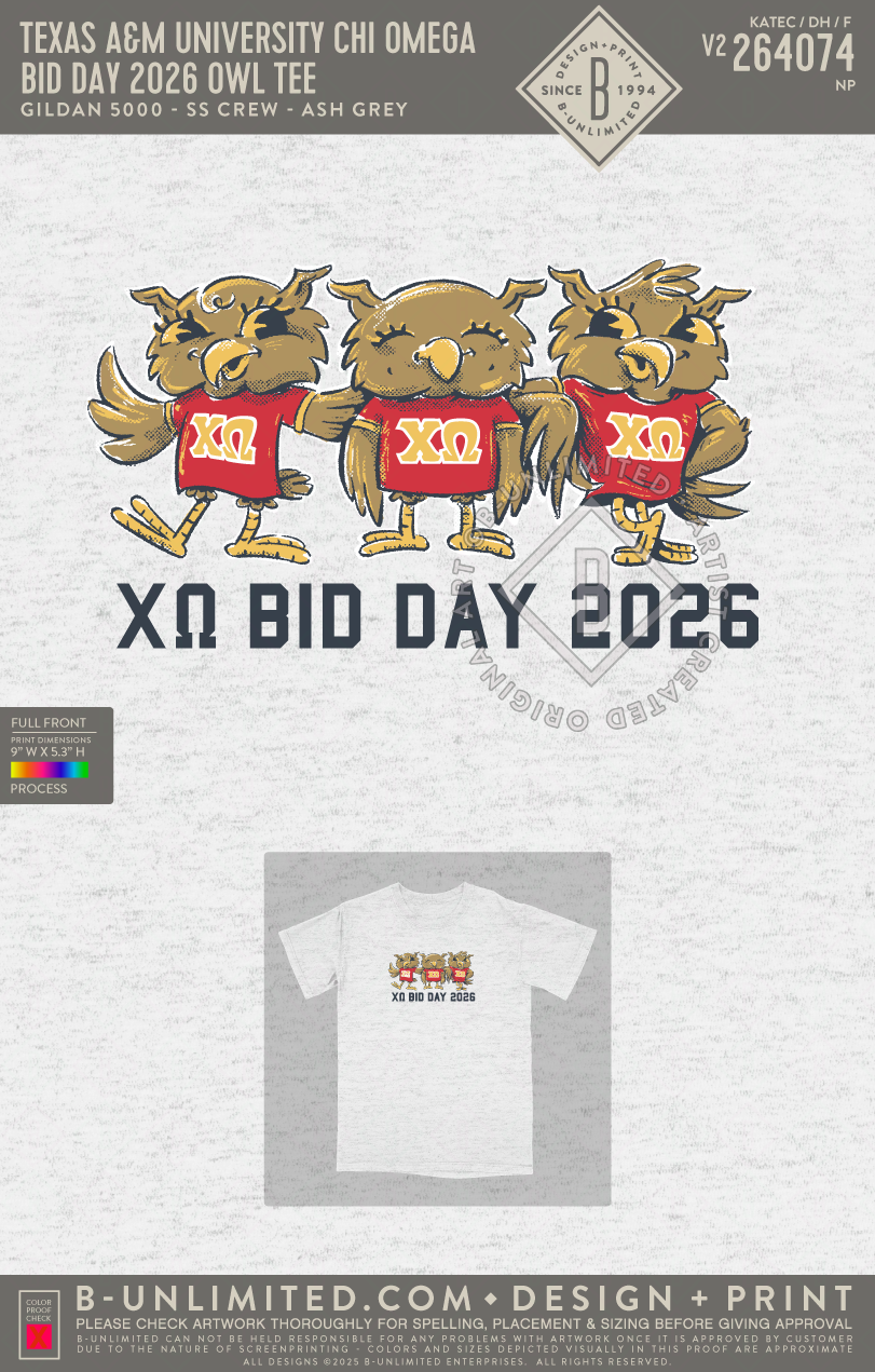 Texas A&M University Chi Omega - Bid Day 2026 Owl Tee - Gildan - 5000 - SS Crew - Ash Grey