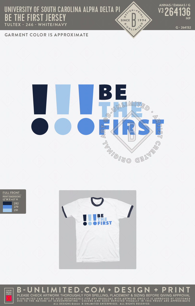 University of South Carolina Alpha Delta Pi - Be The First Jersey - Tultex - 246 - Unisex Fine Jersey Ringer T-Shirt - White/Navy