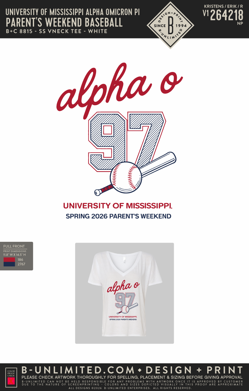 University of Mississippi Alpha Omicron Pi - Parent's Weekend Baseball (EOS26) - B+C - 8815 - Womens Slouchy V-Neck - White