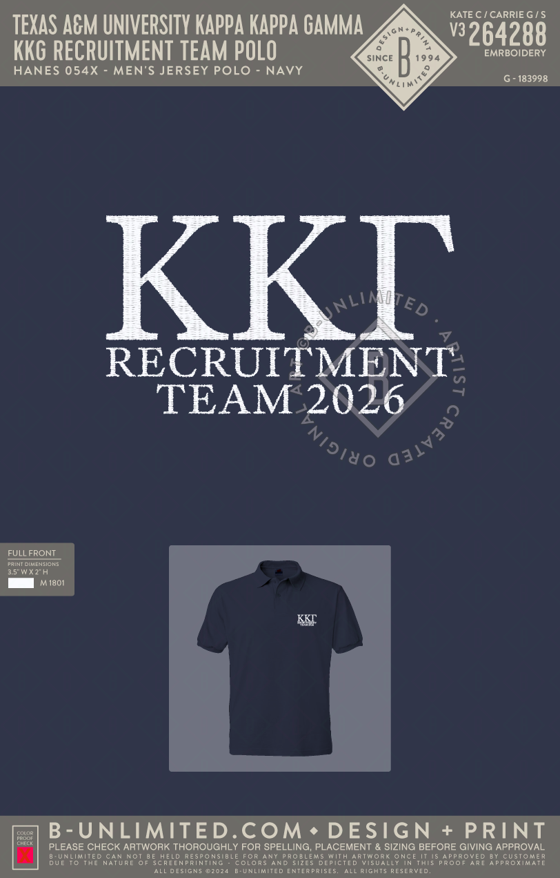 Texas A&M University Kappa Kappa Gamma - KKG Recruitment Team Polo - Hanes - Men's EcoSmart® Jersey Polo - 054X - Navy