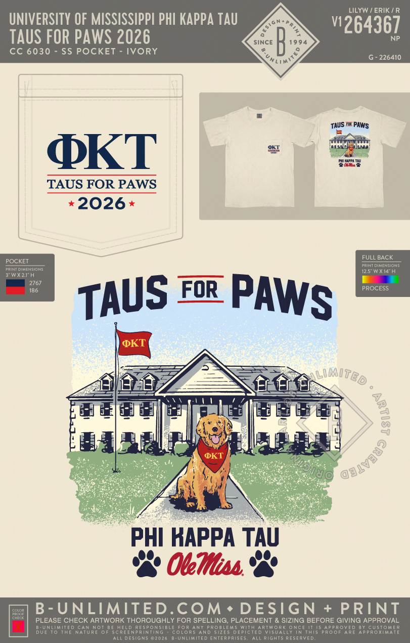 University of Mississippi Phi Kappa Tau - Taus for Paws 2026 (EOS26) - CC - 6030 - SS Pocket - Ivory