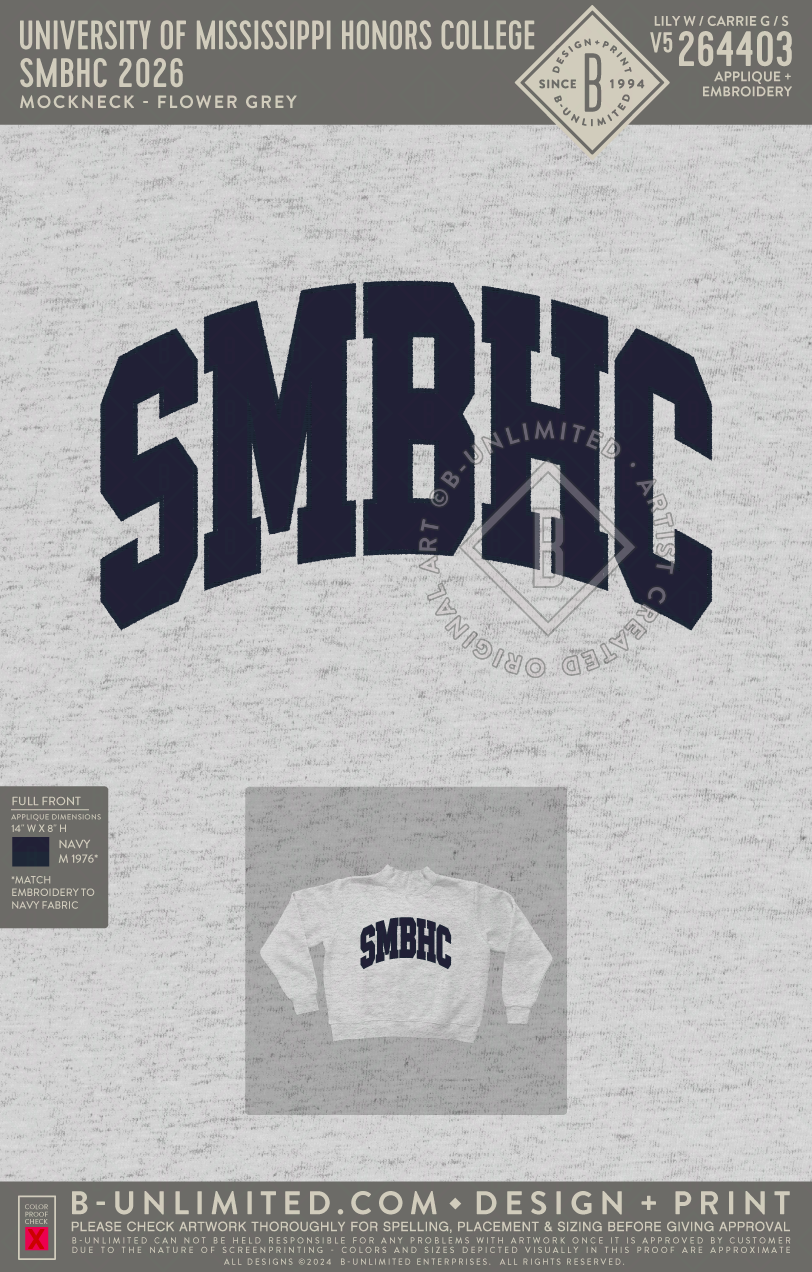 University of Mississippi Honors College - SMBHC 2026 - Tap Stitch - WW0004-P001-V2 - Mockneck Crewneck Sweatshirt - Flower Grey