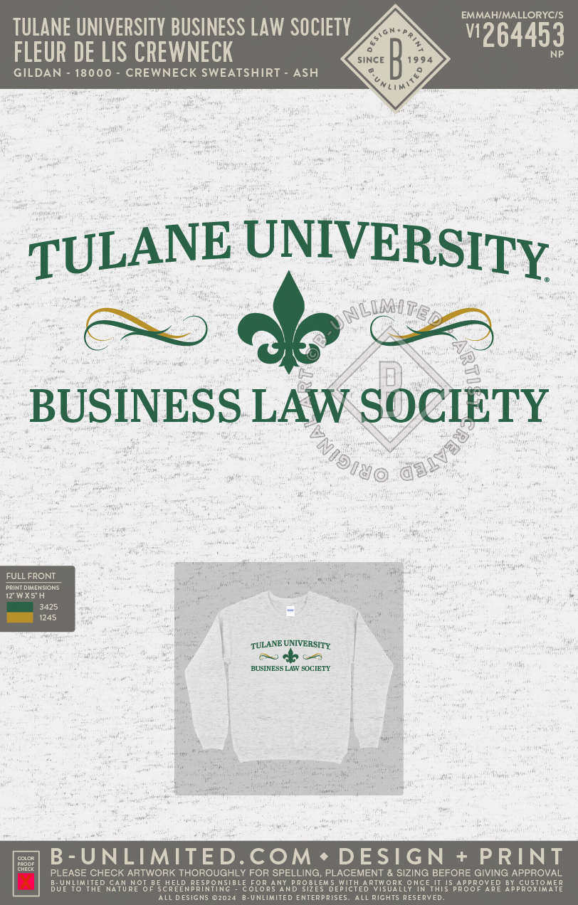 Tulane University Business Law Society - Fleur De Lis Crewneck - Gildan - 18000 - Crewneck Sweatshirt - Ash Grey