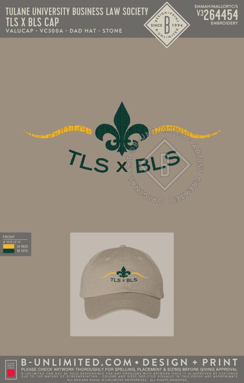 Tulane University Business Law Society - TLS x BLS Cap - Valucap - VC300A - Dad Hat - Stone