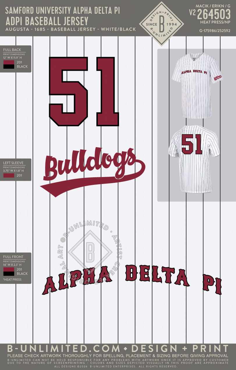 Samford University Alpha Delta Pi - ADPI Baseball Jersey - Augusta - 1685 - Baseball Jersey - White/Black