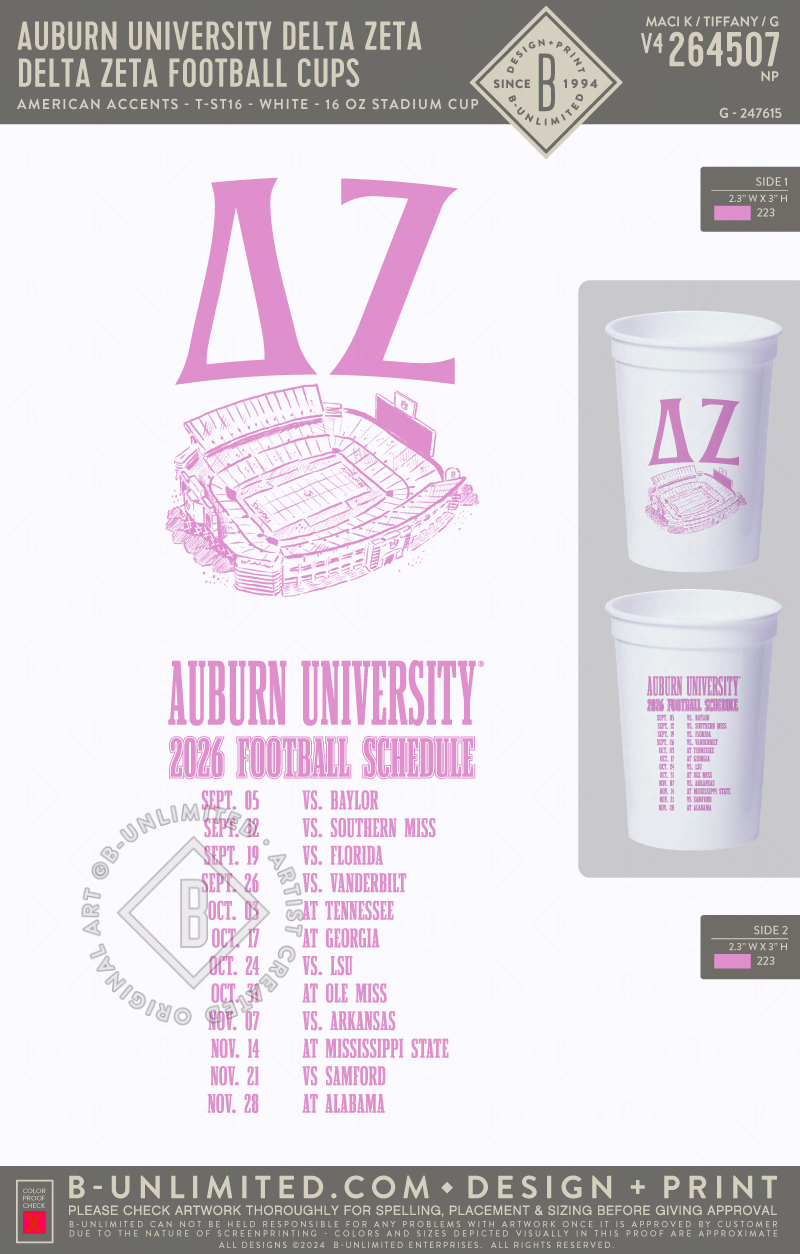 Auburn University Delta Zeta - Delta Zeta Football Cups (Pack of 4) - American Accents - T-ST16 - Stadium Cup - White