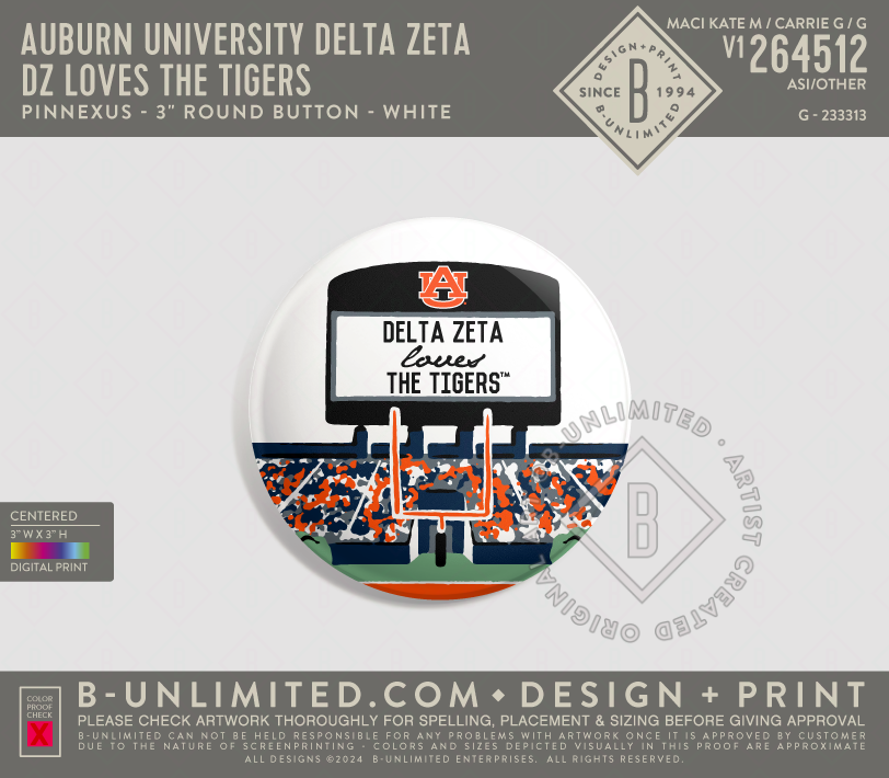 Auburn University Delta Zeta - DZ Loves The Tigers - PinNexus - PXRB - 3" Round Button - White