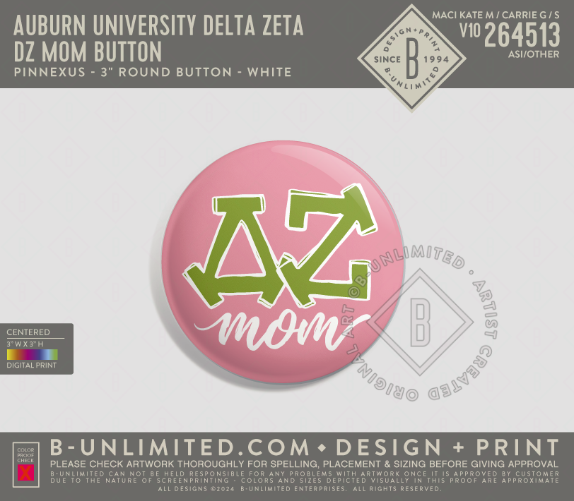 Auburn University Delta Zeta - DZ Mom Button - PinNexus - PXRB - 3" Round Button - White