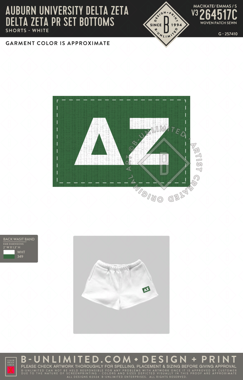Auburn University Delta Zeta - Delta Zeta PR Set Bottoms - Tap Stitch - WK0004-P001-V2 - Shorts - White