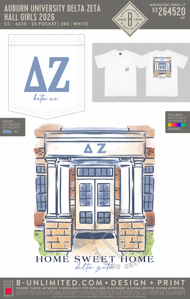 Auburn University Delta Zeta - Hall Girls 2026 - CC - 6030 - SS Pocket - White
