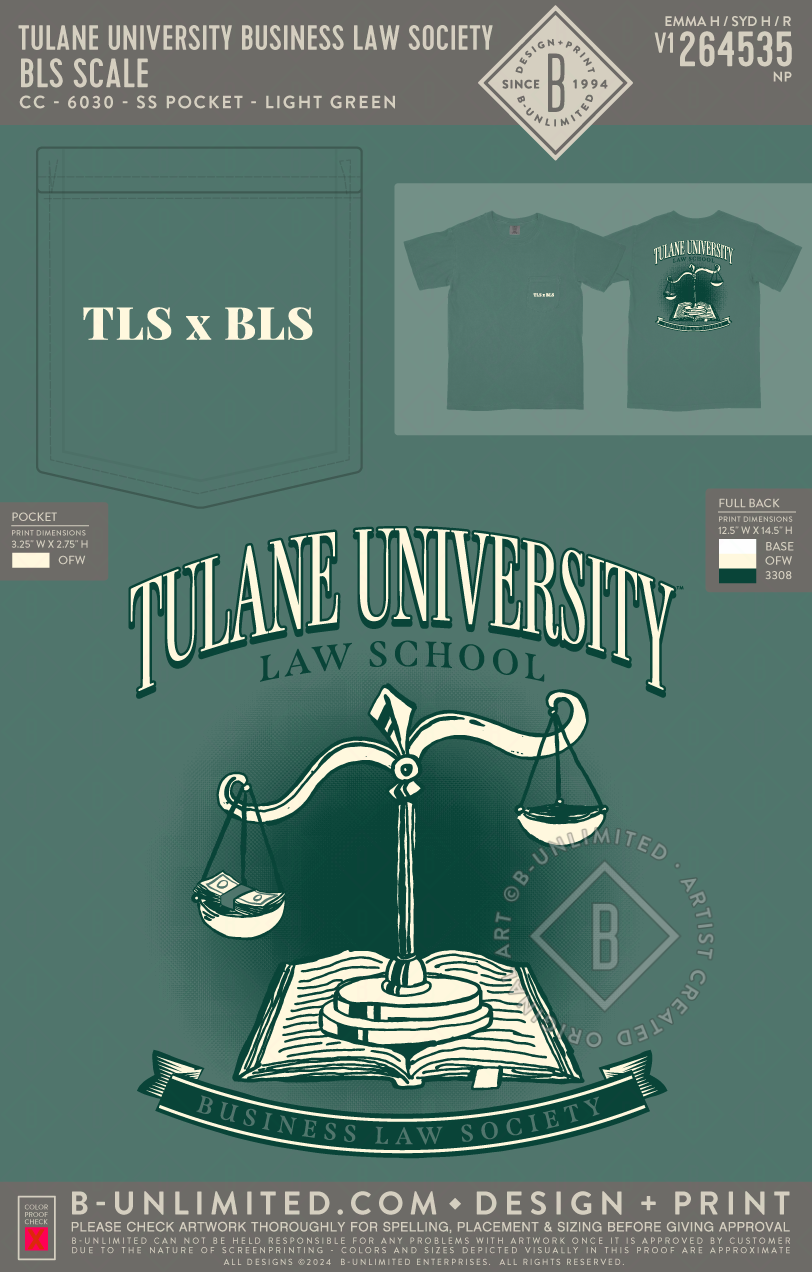 Tulane University Business Law Society - BLS Scale - CC - 6030 - SS Pocket - Light Green