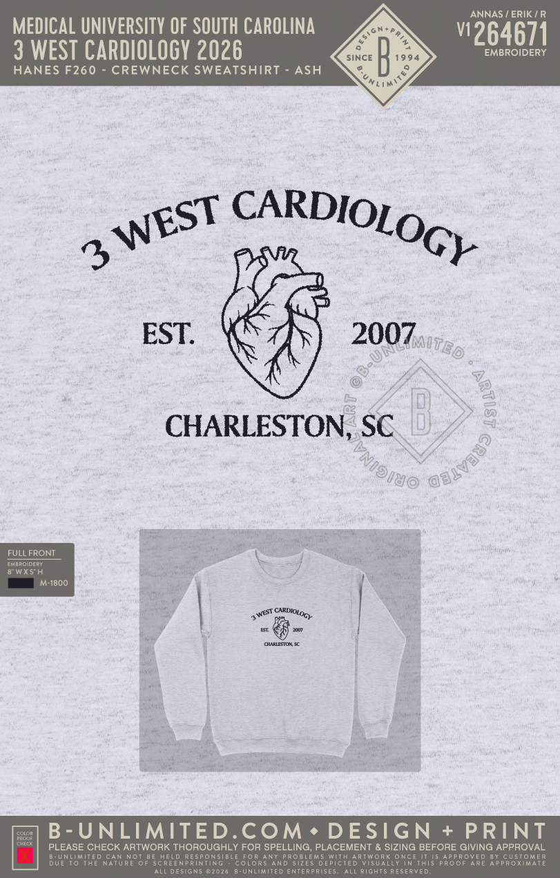 Medical University of South Carolina - 3 West Cardiology 2026 - Hanes - F260 - Sweatshirt - Ash