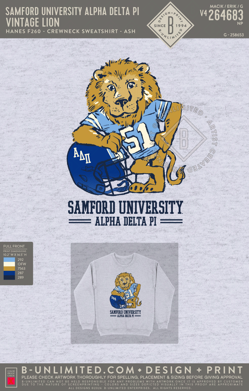 Samford University Alpha Delta Pi - Vintage Lion - Hanes - F260 - Sweatshirt - Ash