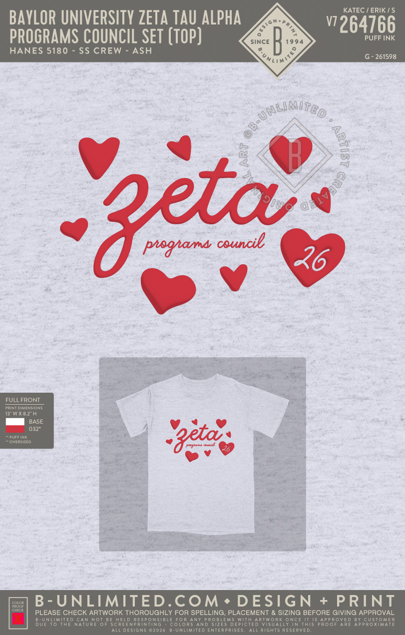 Baylor University Zeta Tau Alpha - Programs Council Set (Tee) - Hanes - 5180 - SS Beefy Crew - Ash